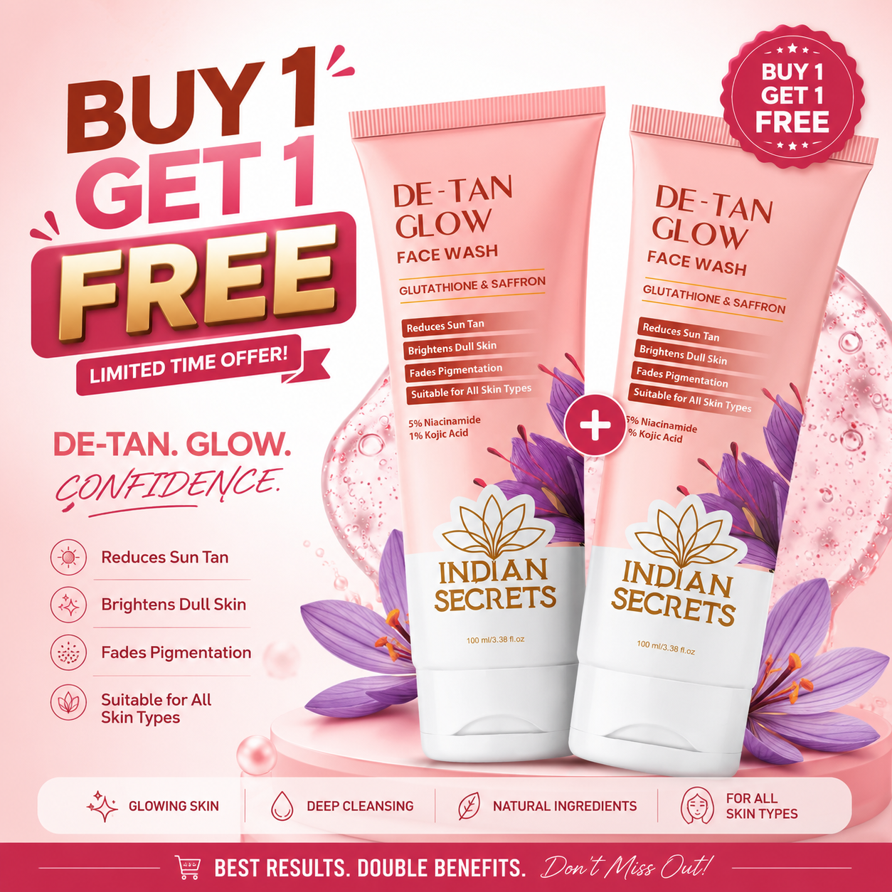 Indian Secrets De-Tan Glow Face Wash,Buy 1 Get 1 Free