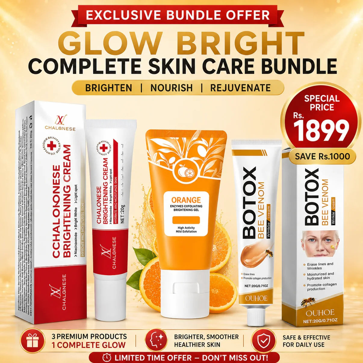 3 in 1 Glow Bright Complete Skin Care Bundle - Limited Time Bundle Offer