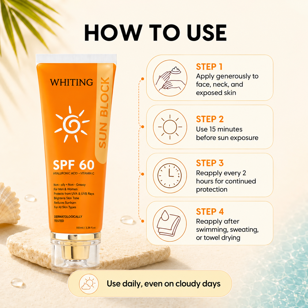 Whiting Sun Block SPF 60 – Whitening & Brightening Sunscreen | UVA/UVB Protection | Buy 1 Get 1 Free